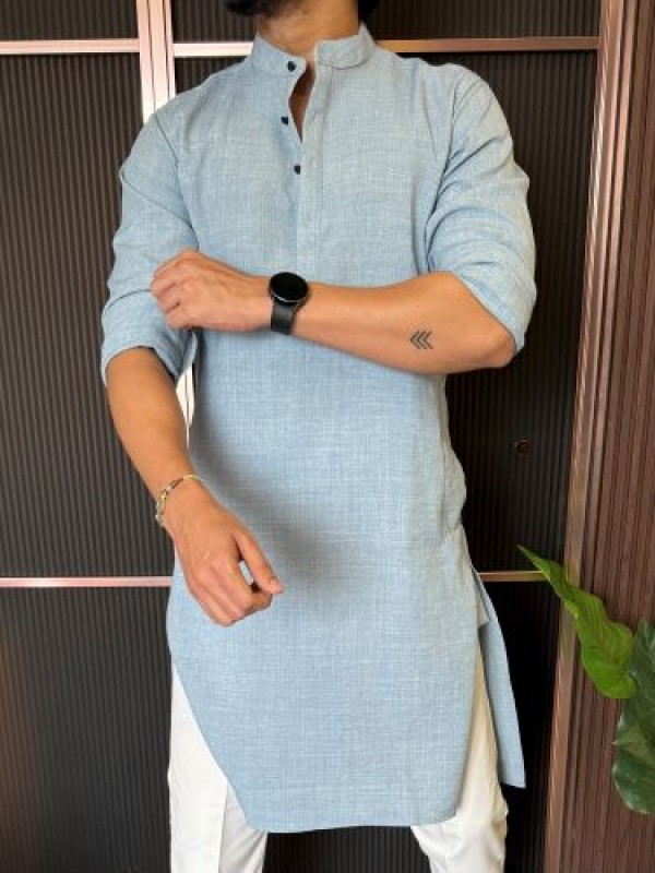                                                                                                                                                                                                                             Soft Linen Full Length Sky Kurta