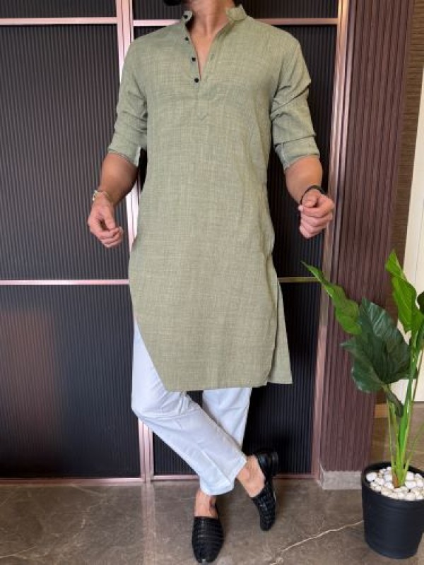                                                                                                                                                                                                                              Soft Linen Full Length Green Kurta