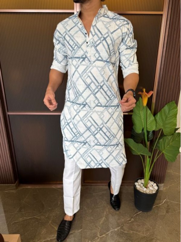                                                                                                                                                                                                                         Imported Hexa Printed Blue Kurta
